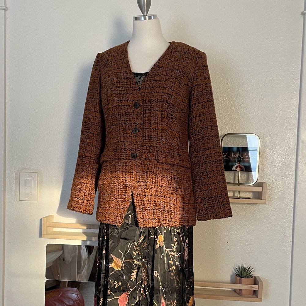Linea by Louis Dell'Olio Boucle V-Neck Jacket Black/Caramel Size 6 - Picture 3 of 5
